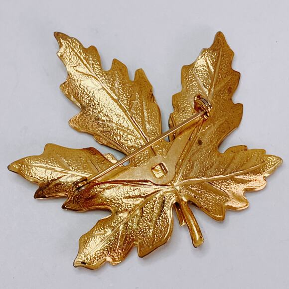 Vintage Gold Tone Maple Leaf Brooch Green Enamel Mid Century Autumn Fall Jewelry - Picture 9 of 11